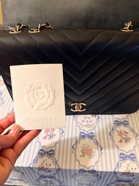 Authentic CHANEL Navy Chevron Quilted Single Flap Shoulder Bag with Chain Strap